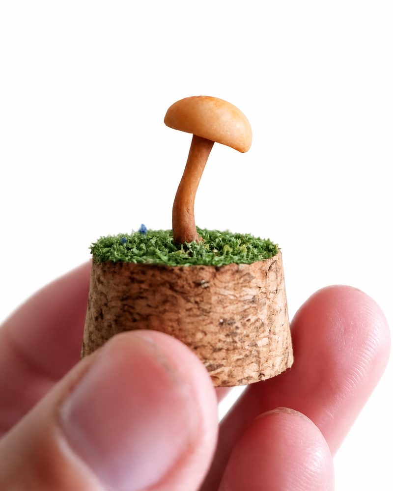 Miniature mushroom ornament under a glass cloche on a natural cork base — handcrafted woodland display piece by Little World Workshop