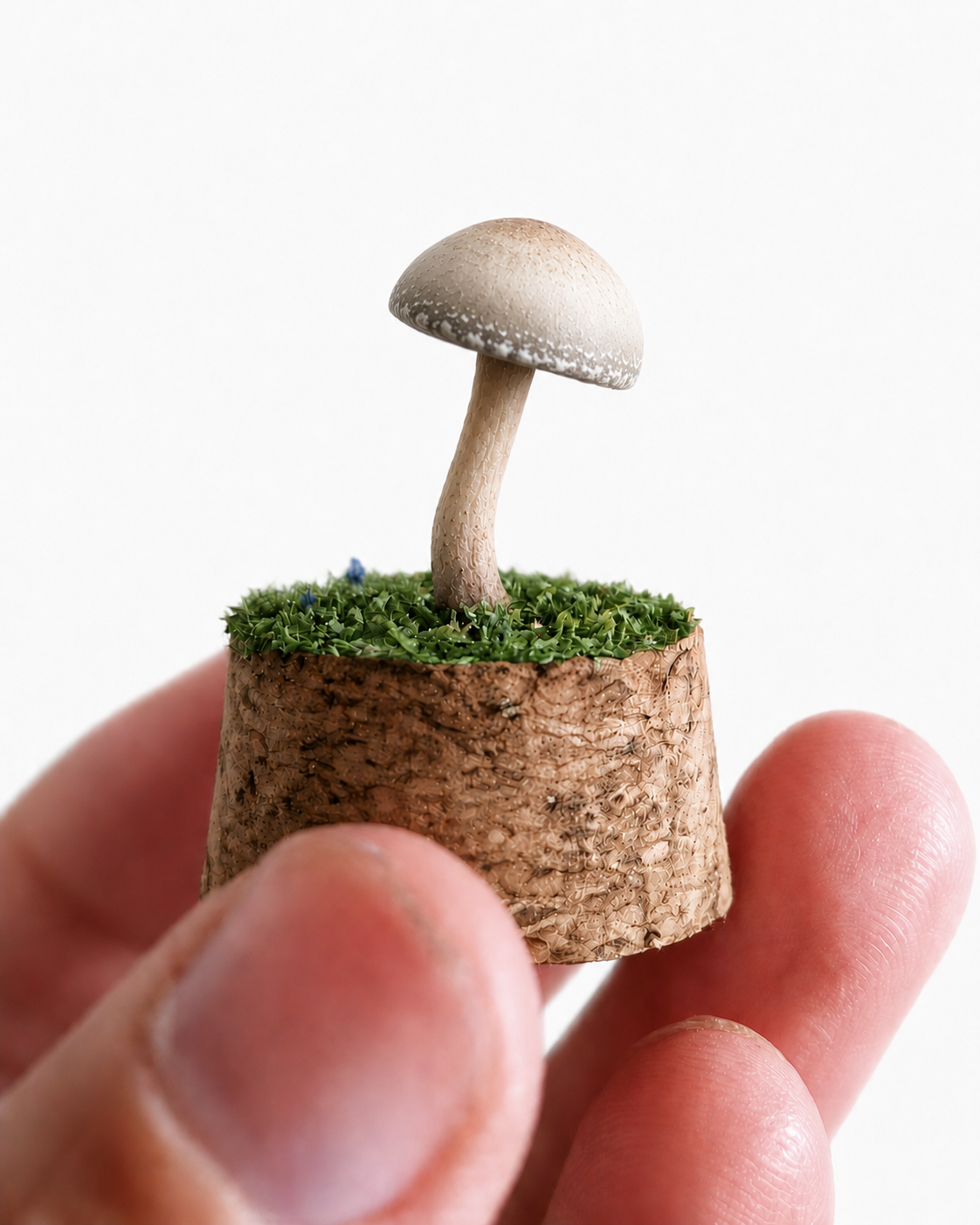 Miniature white mushroom ornament under a glass cloche — handcrafted woodland display piece