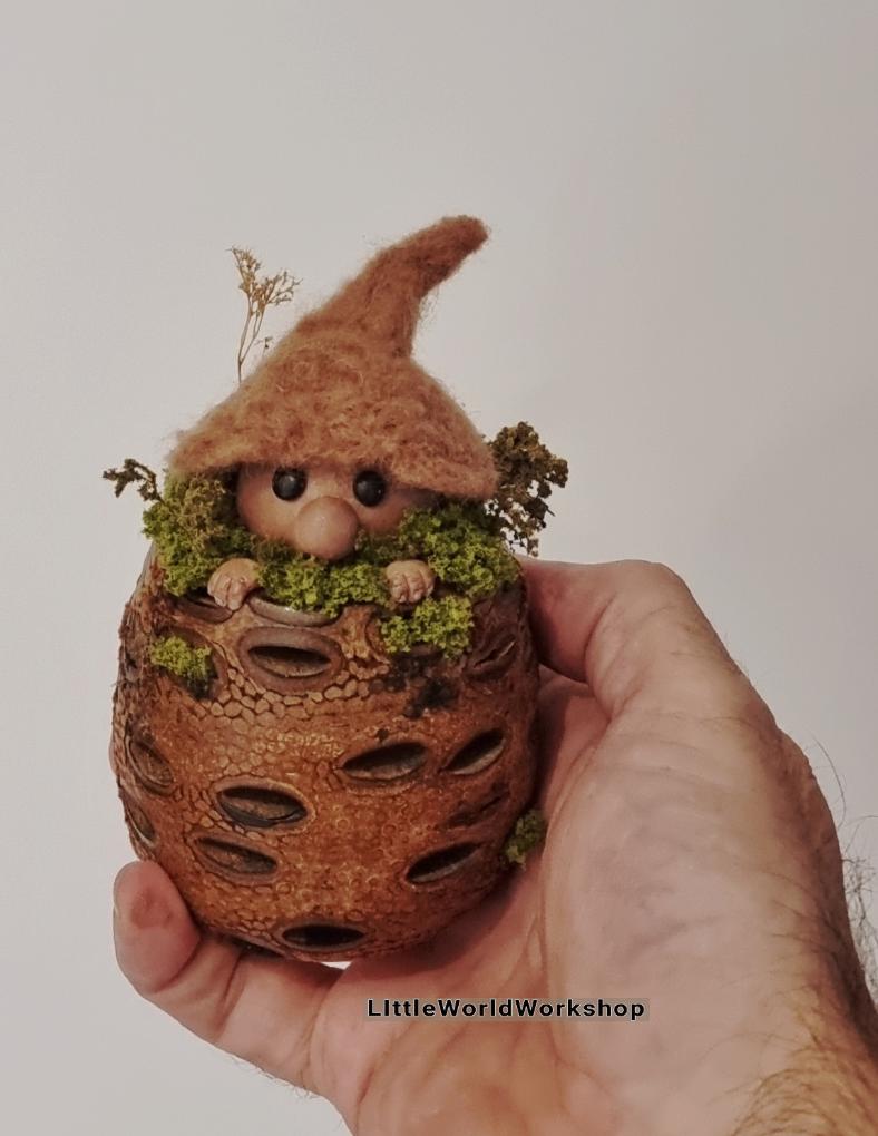Woodland Acorn Folk (smaller piece) — a handcrafted miniature woodland character in a wooden pot by Little World Workshop
