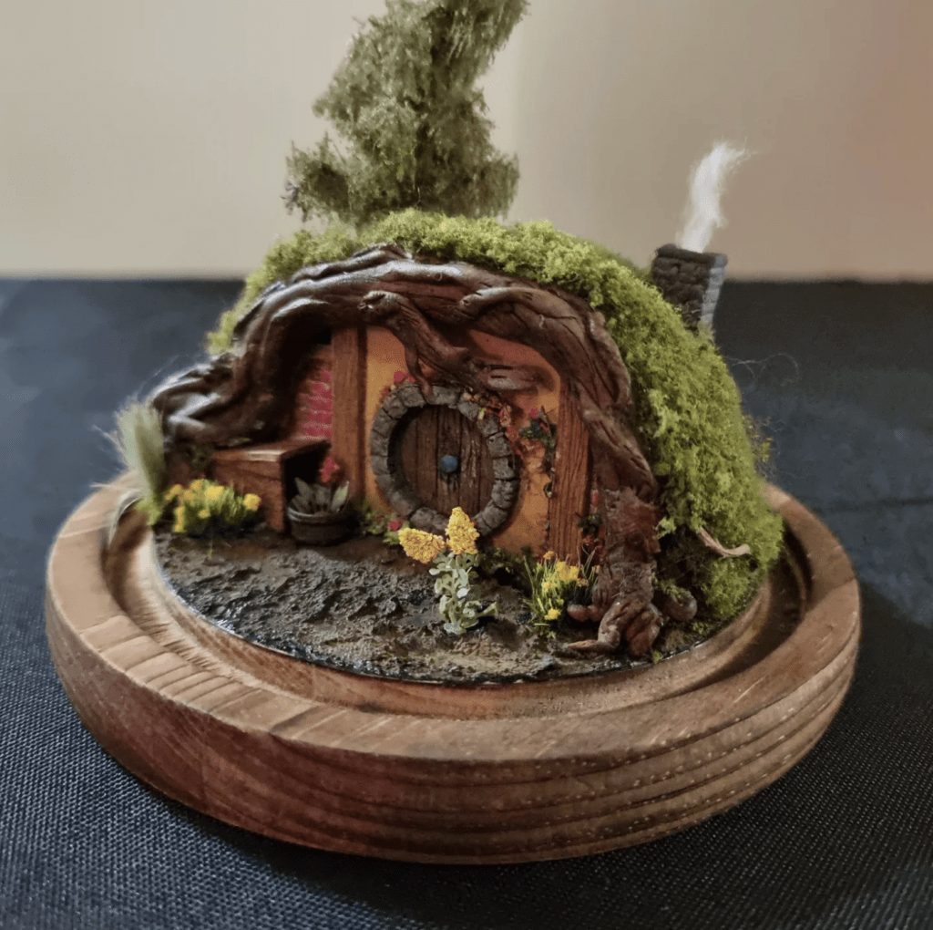 Little World Pieces — hobbit hole miniature diorama in a handcrafted wooden bowl